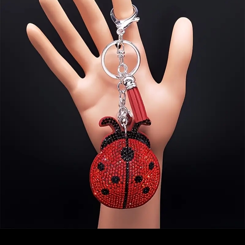 Ladybug Rhinestone Purse Charm Silver with Tassel - Picture 5 of 5